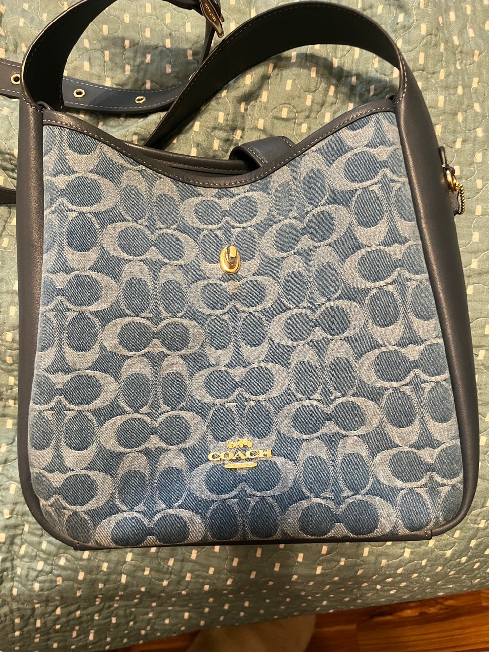 Coach Denim Signature Shoulder Bag in Blue with Gold Hardware